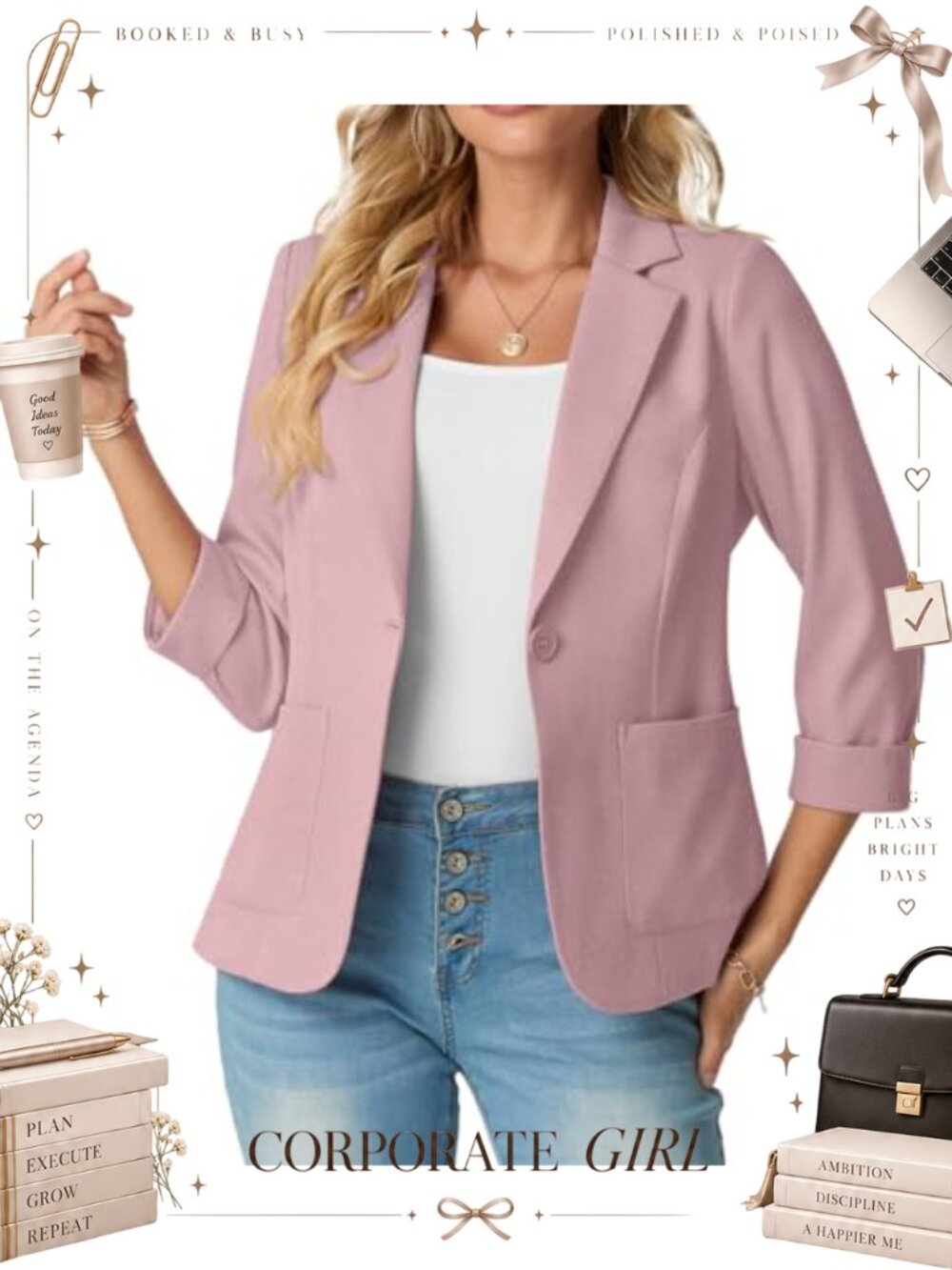 Lightweight Blazer 3/4 Sleeve Business Casual Padded Shoulder
